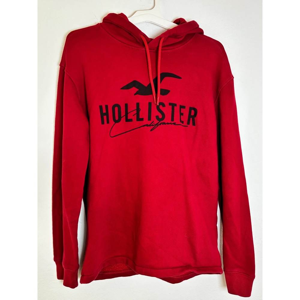 Hollister California Mens Red Logo Graphic Fleece Pullover Hoodie Size M